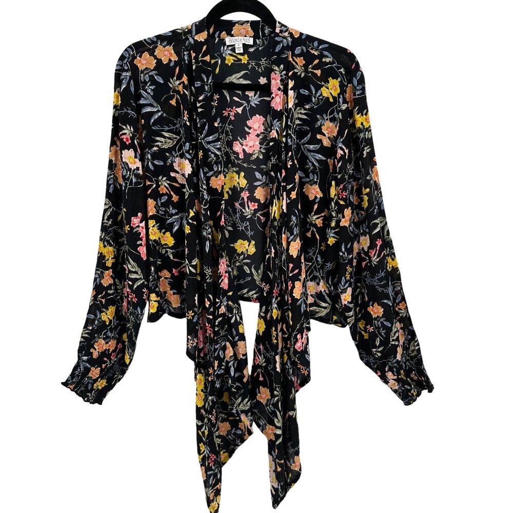 Patrons Of Peace Black Floral Open Front Cardigan Wrap With Long Sleeves Size M